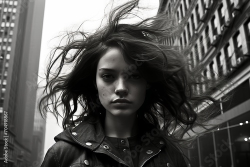 Fashionable Woman in Leather Jacket, Strutting with Confidence on Urban Street
