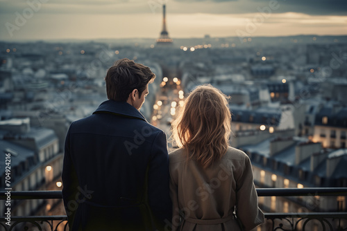 A young couple contemplates the skyline of Paris