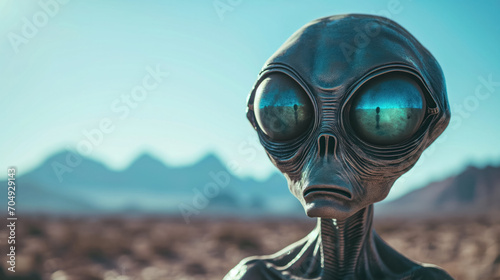 Alien figure in a desert with mountains.