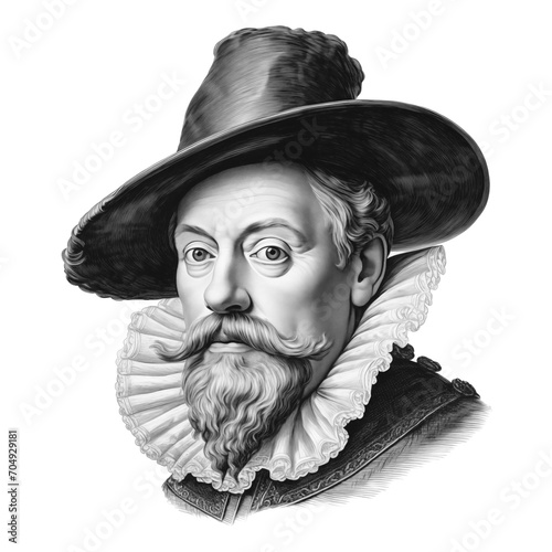 Black and white vintage engraving, headshot portrait of Peter Paul Rubens, the old master Flemish artist and diplomat, white background, greyscale - Generative AI
