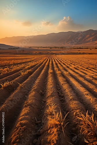 plowed field at sunset