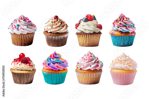 Collection set, assortment of colorful cupcakes isolated on transparent background, png file