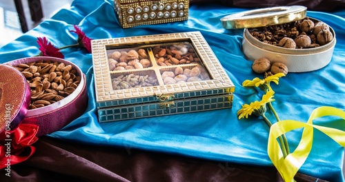 Mix of dried fruits and nuts, almond, cashew, pistachio, raisins, fig gift box decorated with flower over the blue cloth. dry fruits packed in wooden boxes for gift.