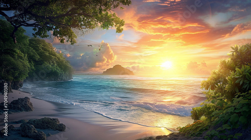 Sunrise over Eden's Paradise A breathtaking sunrise over the pristine paradise of Eden, symbolizing hope and new beginnings Great for inspirational book covers, religious event backdrops