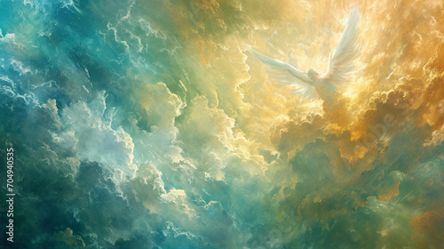 Angelic Presence in Eden's Skies An artistic portrayal of angelic beings in the skies above Eden, symbolizing divine presence and protection Ideal for religious teachings