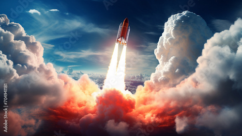 Rocket Ship Breaking Through the Atmosphere A dramatic image of a rocket ship breaking through the Earth's atmosphere, symbolizing breakthrough and achievement, ideal for inspirational campaign