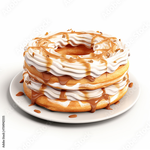 Paris-Brest cake with caramel on a white background. 3d illustration.