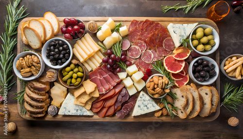 overhead view of an elegantly arranged charcuterie board