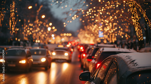 Traffic jams on the road in winter, winter holidays. Photorealistic, background with bokeh effect. 