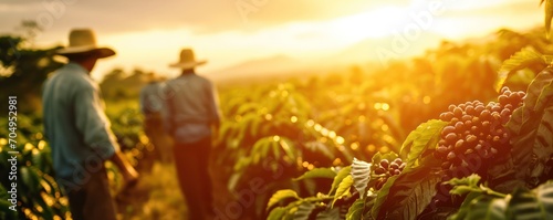  Brazilian farmer workers, adorned in vintage attire and straw hats, diligently harvest coffee beans in the expansive plantation fields