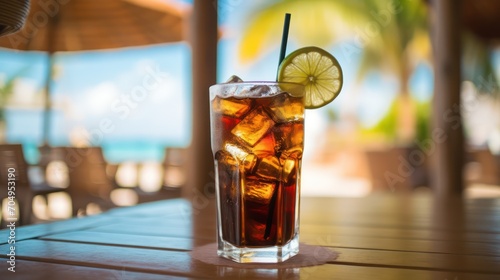 closeup photo of a fresh cold cola soda drink in a glass with a lime slice and a straw stands on a bar counter at a blurry tropical beach background