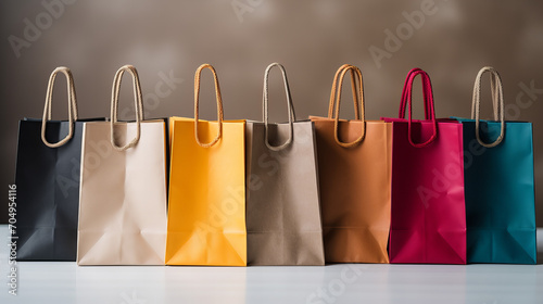 Colorful shopping bags, cropped view of woman hand holding a few shopping bags, sale discount for holidays, presents, copy space