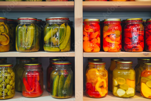 jars with preserved vegetables on shelves