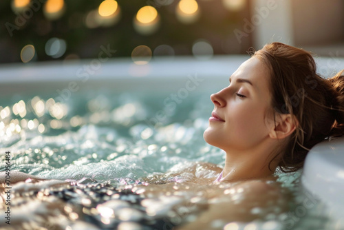 Young woman enjoying a relaxing holiday in a jacuzzi. relaxation and comfort during water procedures.