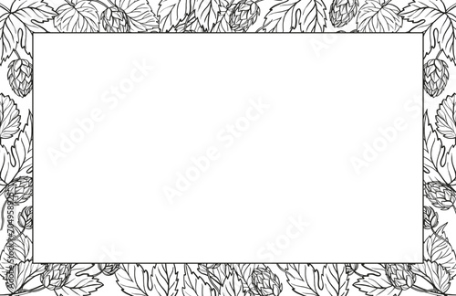 Hand drawn vector frame with hop plant, leaves and buds, craft beer ingredients, black and white illustration of branch humulus lupulus, inked illustration isolated on white background