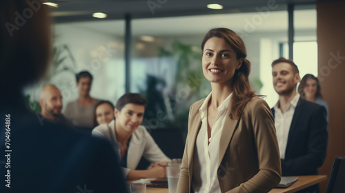 In a corporate meeting room, a young woman with a beaming smile shakes hands with a colleague, radiating positivity and teamwork. Collaboration and friendly interactions in business environments.