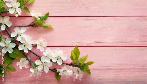 Kwitnące gałązki wiśni na różowych deskach. Wiosenne tło