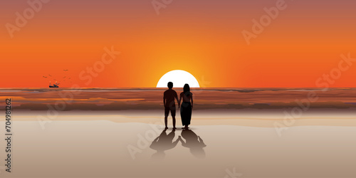Couple of lover hand holding at the beach with sunset background vector illustration. Journey of sweetheart concept flat design.