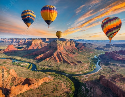 A view of colorful hot air balloons flying over a Southeastern part of the United States with canyons and river. A beautiful sunset with vibrant clouds in the sky.