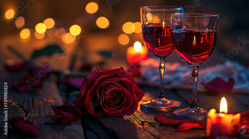 Two glasses of wine with bouquet of red roses. 
