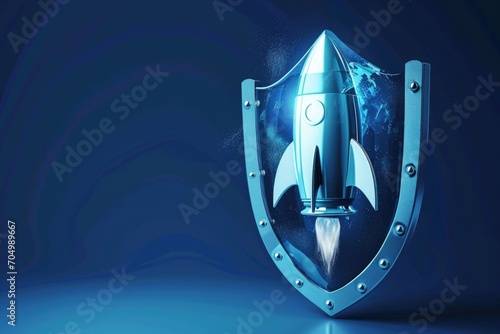 Rocket and shield on blue background, business, startup and security concept, digital illustration. Generative AI