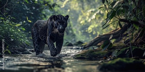 a black spotted panther is walking along the river, mysterious jungle