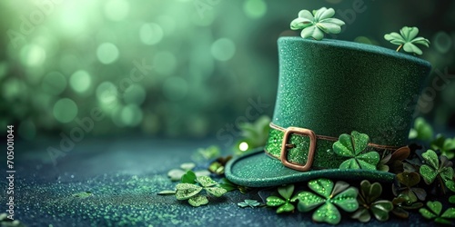 A green hat with shamrocks on top of it. St Patrick's Day wallpaper background with copy-space.