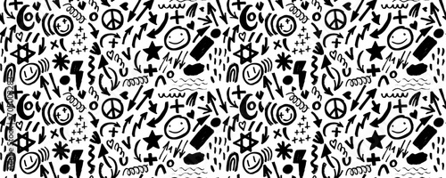 Seamless abstract geometric doodle pattern fashion 80-90s. Wavy and curly lines, dry brush stroke textured shapes. Zig zag, swirls and dots. For used in printing, website background and fabric design