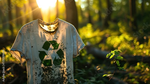 Eco-friendly apparel marked with a recycle symbol, promoting sustainable textiles and encouraging consumers to reject fast fashion for environmental conservation.