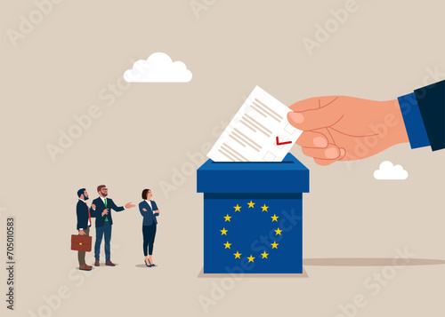 Voting in European Union. Hand putting paper ballots to election box. Flat vector illustration