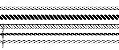 Set of repeating rope pattern. Seamless hemp cord line collection. Chain, braid, plait stripes bundle. Horizontal decorative plait motif. Vector marine twine design elements for banner, poster, frame