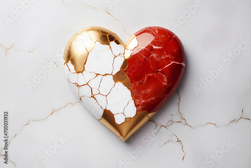 Golden, red and white broken heart made of marble.