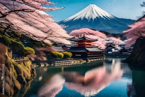 a beautiful japanese village town in the morning. buddhist temple shinto at sea river. cherry blossom sakura growing. anime comics art style. 