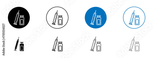 Insulin Syringe Line Icon Set. Insulin vaccine syringe with needle symbol in black and blue color.