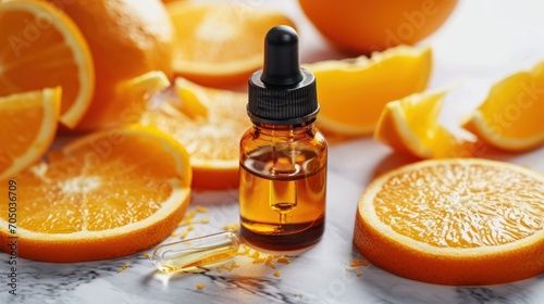 Bottle of Orange Oil Surrounded by Oranges