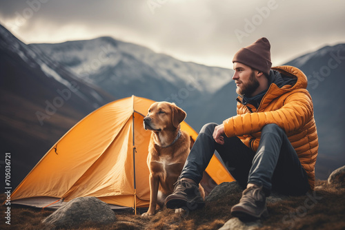 Homem sentado ao lado de uma cabana amarela e seu cachorro e ao fundo montanhas - tema acampamento 