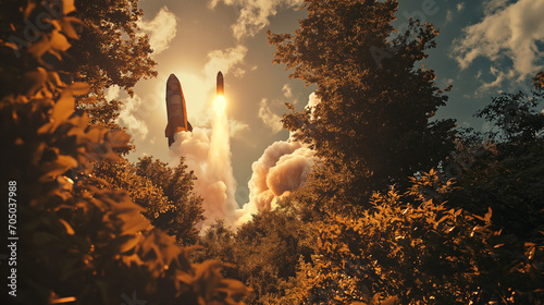 a cloudy sky with a spacecraft taking off from a cloud, in the style of light bronze and orange, high dynamic range, vignetting, romantic scenery, imposing monumentality, luminist, distinctive noses