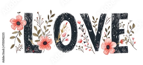 Floral embellished love typography for Valentine's Day greeting. Romance and celebration.