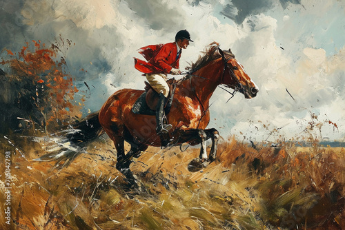 Oil Painting Style of An equestrian on a galloping horse during a foxhunt, depicting the speed and tradition of the sport in a rural setting.