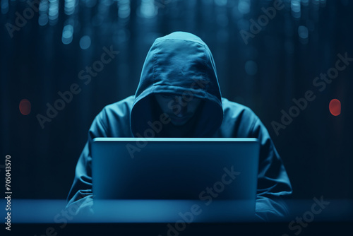 A hacker or scammer using laptop computer on dark technology background, phising, online scam and cybercrime concept.