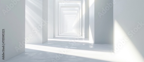 A bright, white abstract hallway with geometric patterns and light at the end, ideal for architectural and design concepts.