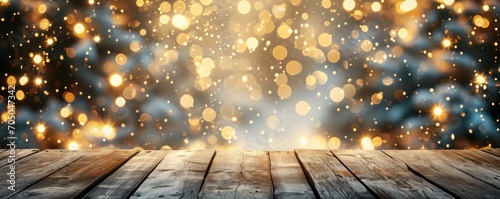 A wooden table top adorned with Christmas decor, set against a festive background with bokeh lights
