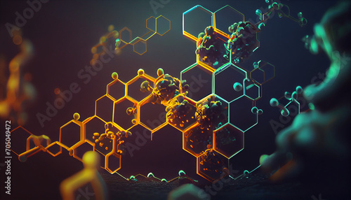 Hexagon DNA network, science chemical and biotechnology concept clean Background, Ai generated image