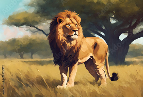 lion in the savannah, illustrative painting, digital art style, v2