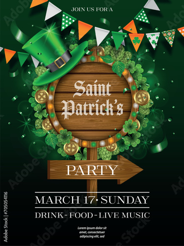 saint patrick's day poster with green hat, pennants and wooden signboard. st. patrick's day party background