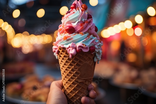 Double ice cream cone at a gathering of friends in the countryside, with fire and stories, a shared sweetness under the stars., generative IA