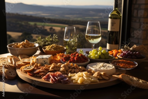 Antipasto in a wine tasting in a winery in the umbria, with panoramic views., generative IA