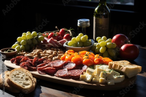 Antipasto in a wine tasting in a winery in the umbria, with panoramic views., generative IA