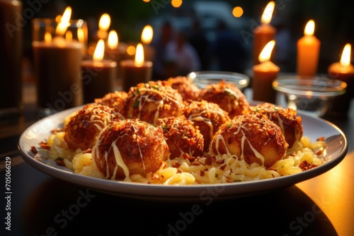 Arancini at an Italian food festival in Florence, with sparkling lights and live music., generative IA