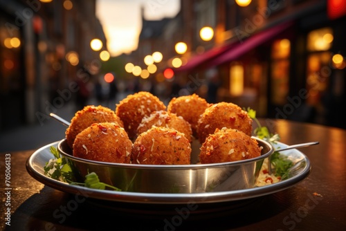 Arancini at an Italian food festival in Florence, with sparkling lights and live music., generative IA
